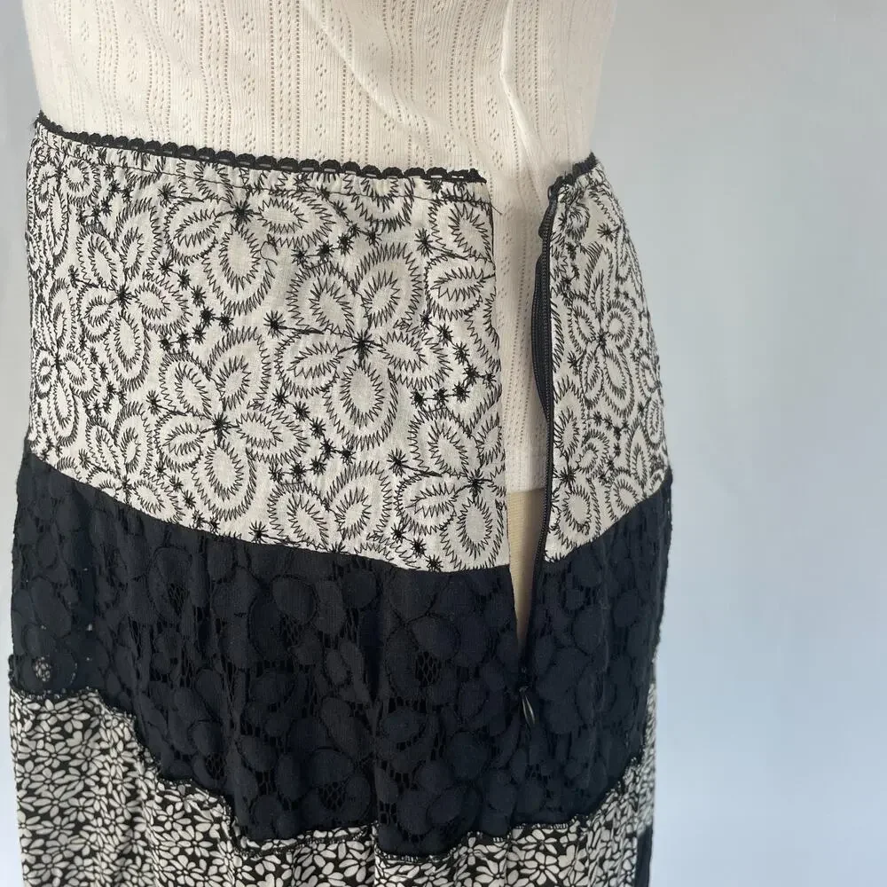 Tiered Broomstick Skirt Size Medium Black White Floral Embroidered Lace Fairy